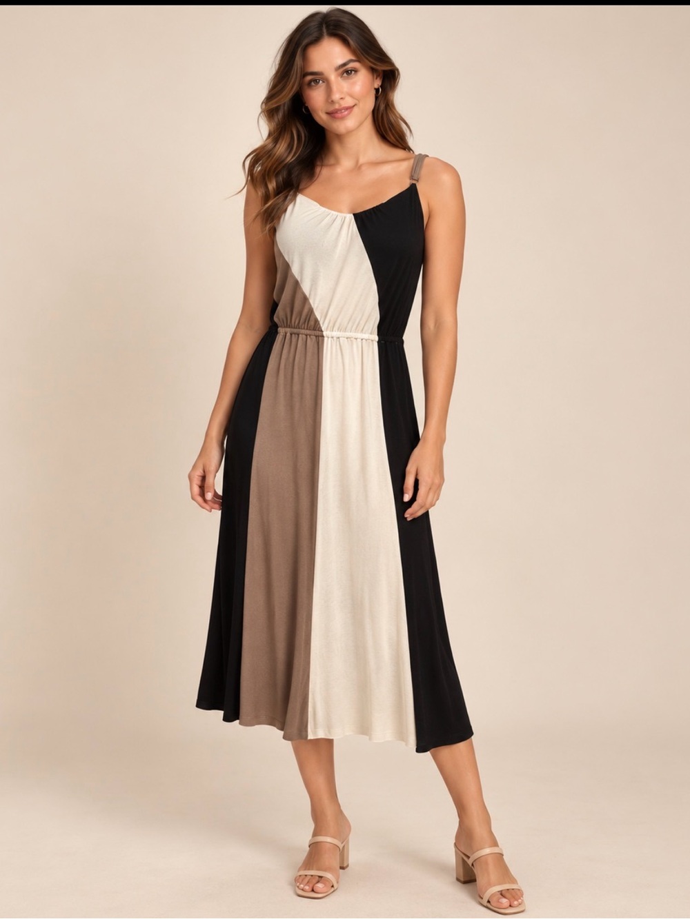 Ella Moss Black, Taupe & Cream Asymmetrical Colorblock Dress Size L